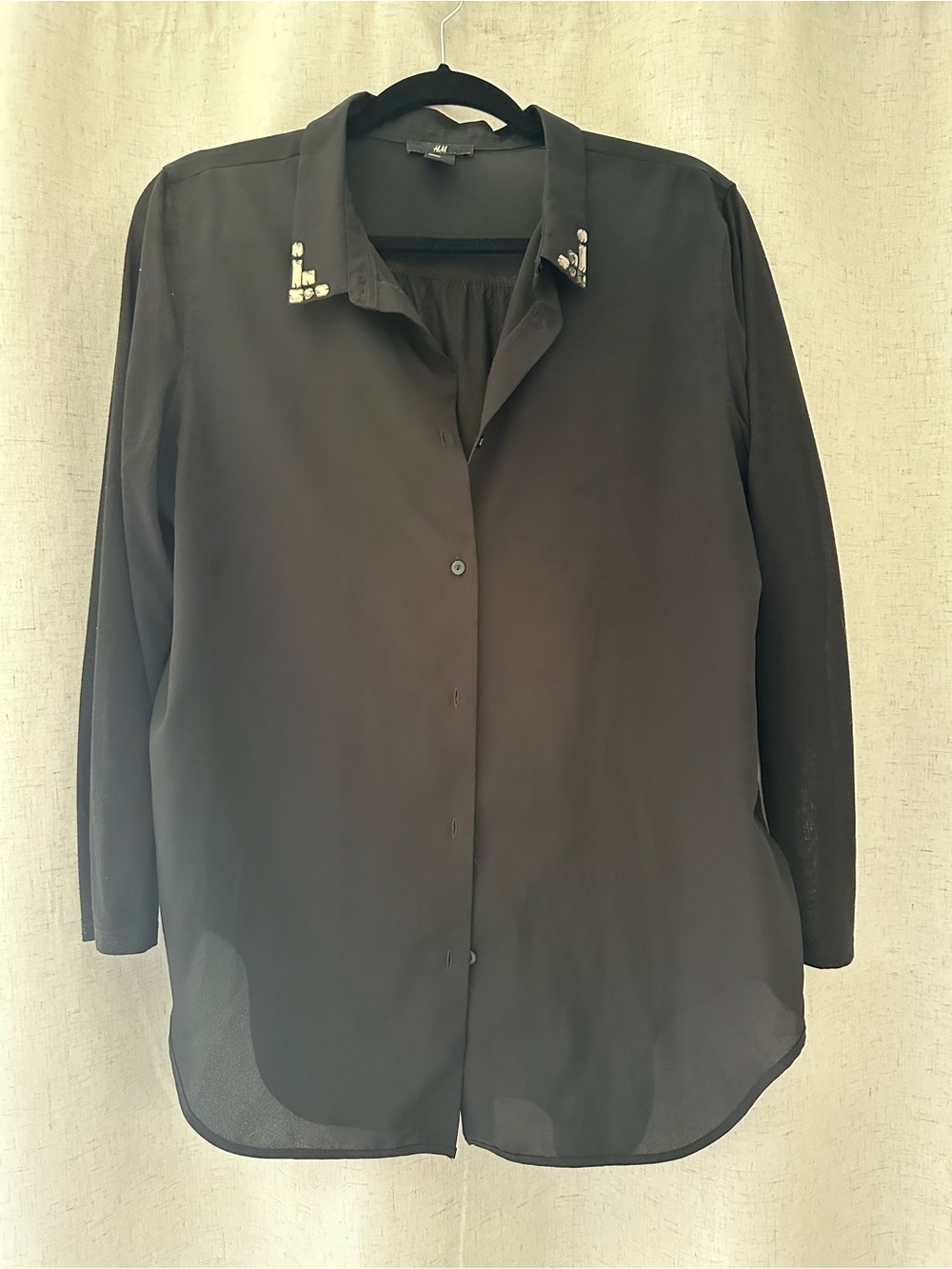 H&M Black Long-Sleeve Button-Down Blouse with Jeweled Collar